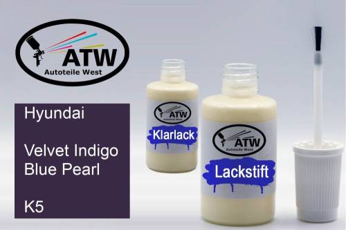 Hyundai, Velvet Indigo Blue Pearl, K5: 20ml Lackstift + 20ml Klarlack - Set, von ATW Autoteile West.